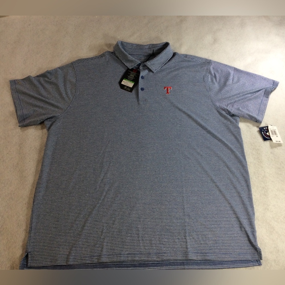 Antigua Texas Rangers Blue and White Striped Polo with Red 'T' Embroidery